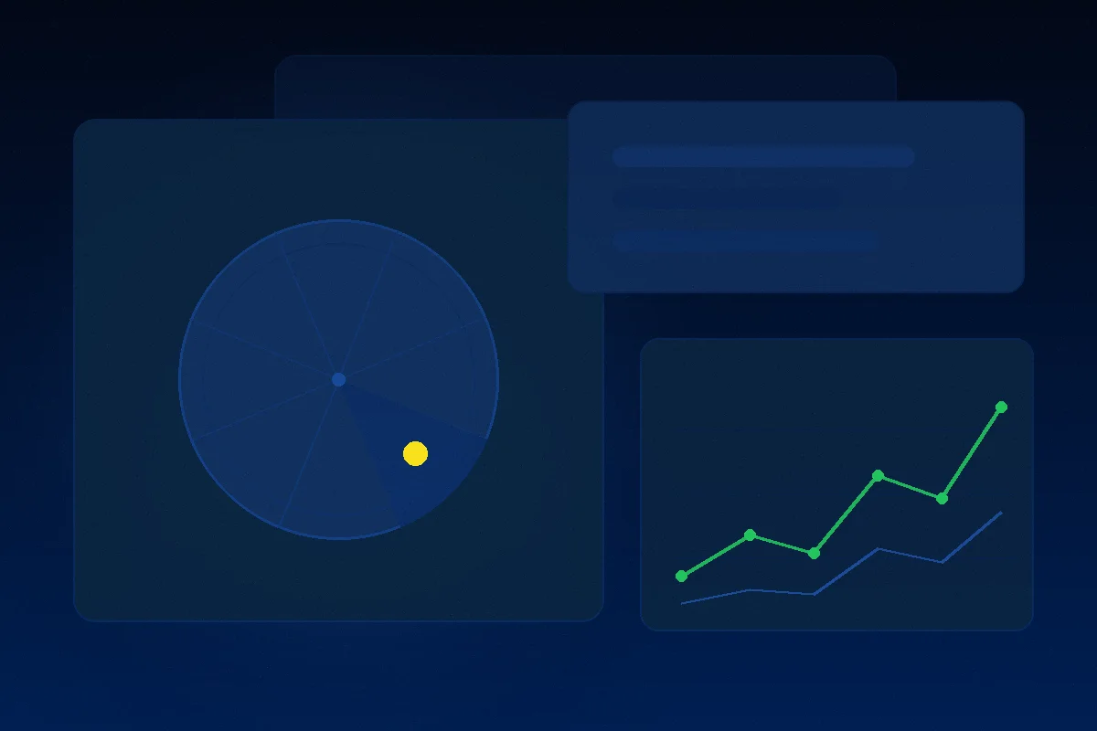 Abstract pizza POS dashboard with a segmented circular order display, stat cards, and a rising sales chart