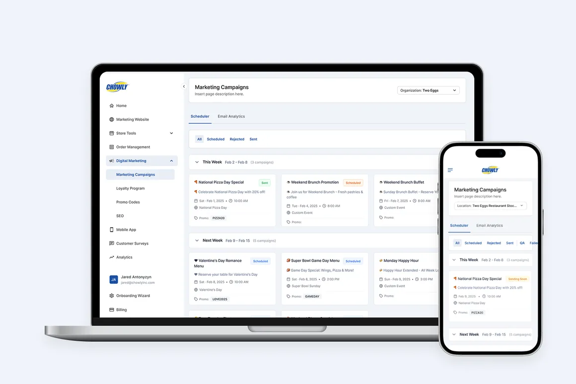 Chowly Email Marketing — operator dashboard screenshot